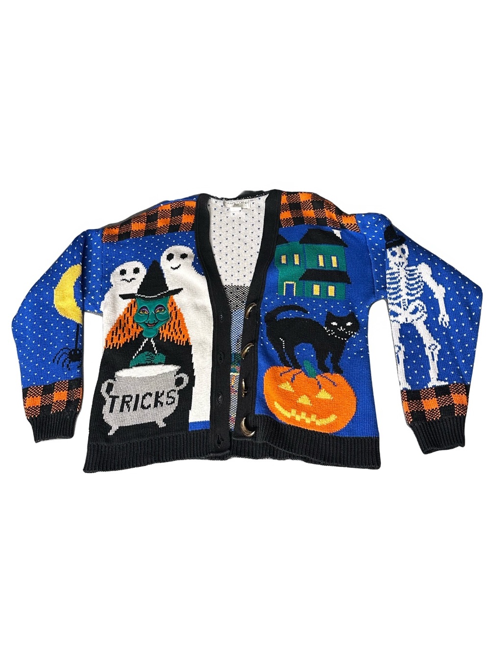 Vintage Halloween Cardigan 100% Cotton Witch Cat Pumpkin Ghost Skeleton Sweater